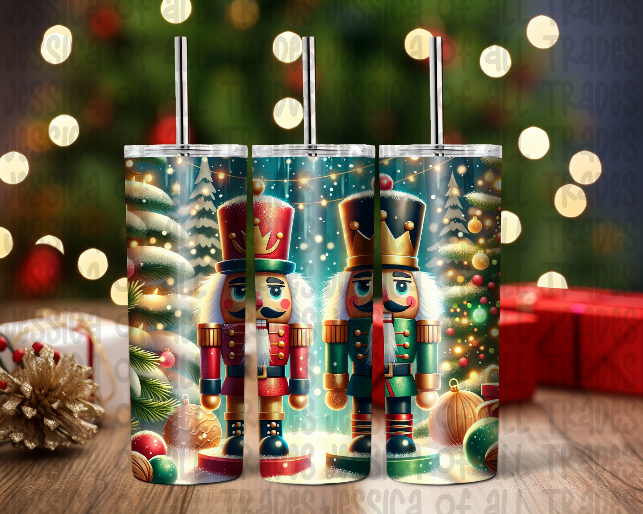 Red and Green Nutcrackers with Snowy Trees Tumbler